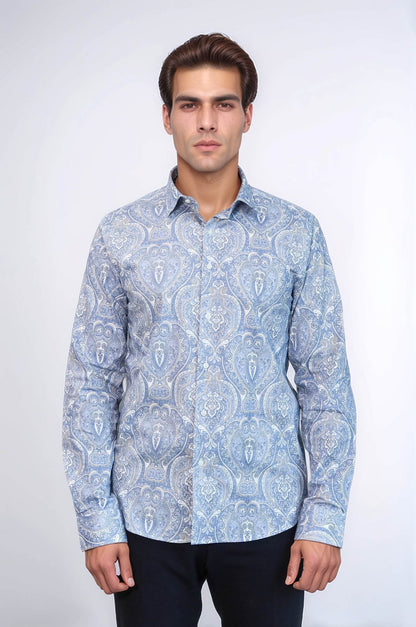 Blue Damask Pattern Slim Fit Shirt - Wessi