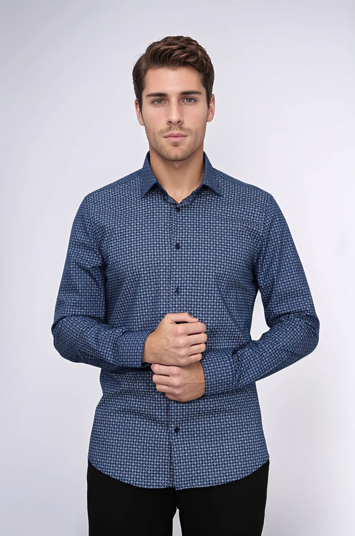 Houndstooth Pattern Slim Fit Navy Blue Men Shirt - Wessi