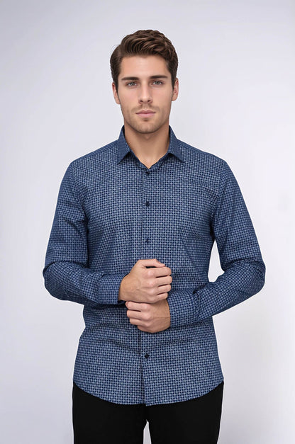 Houndstooth Pattern Slim Fit Navy Blue Men Shirt - Wessi
