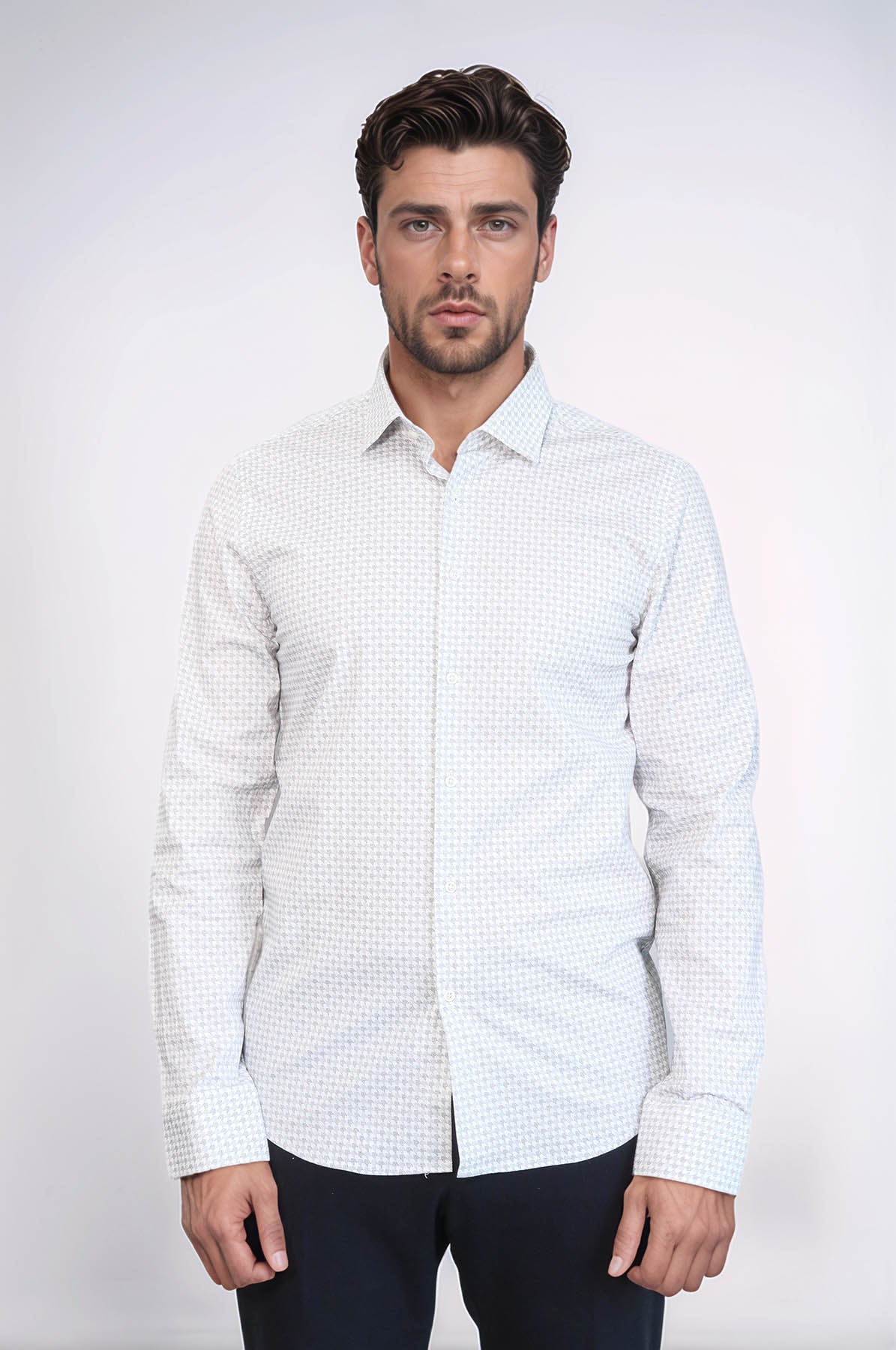 Houndstooth Pattern Slim Fit Ecru Men Shirt - Wessi