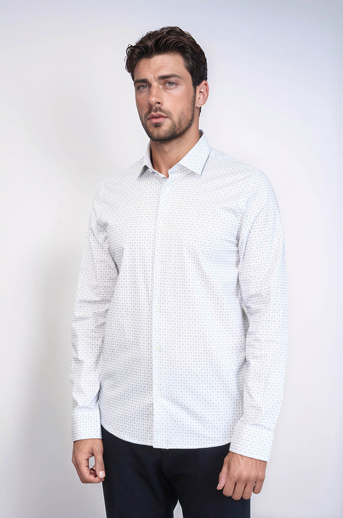 Houndstooth Pattern Slim Fit White Men Shirt - Wessi