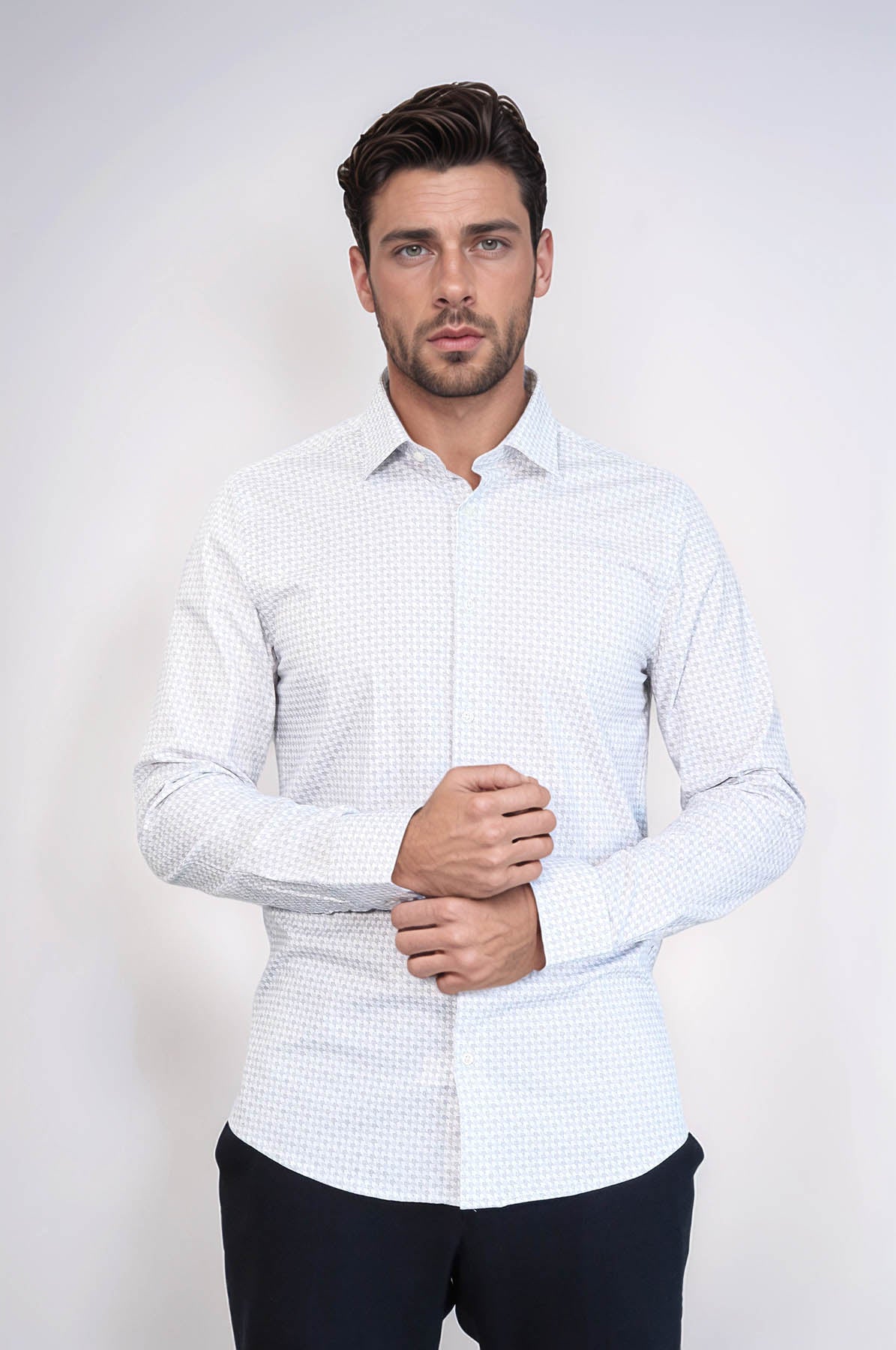 Houndstooth Pattern Slim Fit White Men Shirt - Wessi