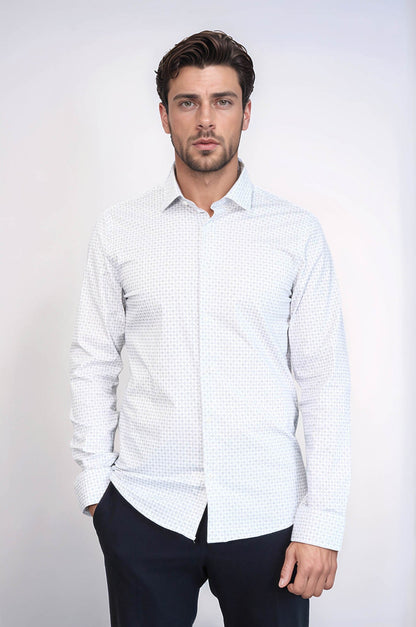 Houndstooth Pattern Slim Fit White Men Shirt - Wessi