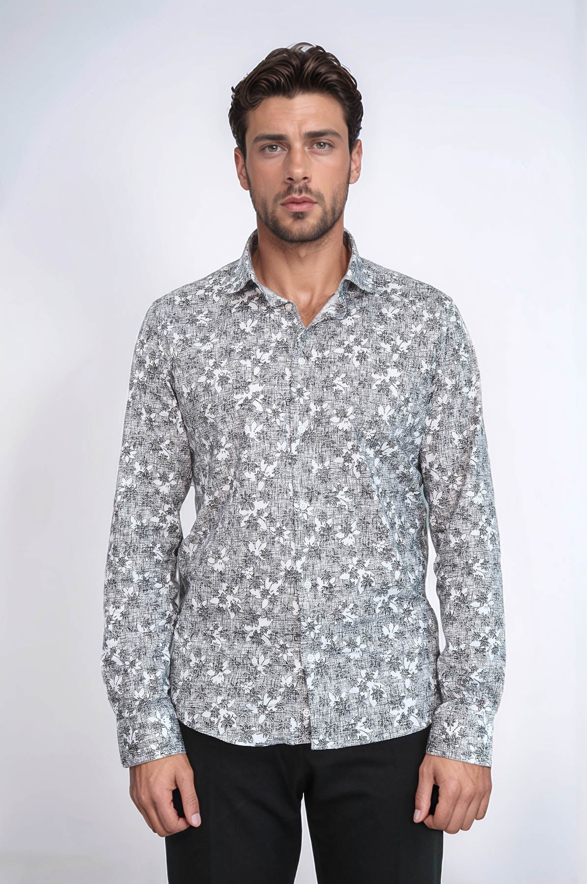 Bloom Patterned Dark Slim Fit Grey Men Shirt - Wessi