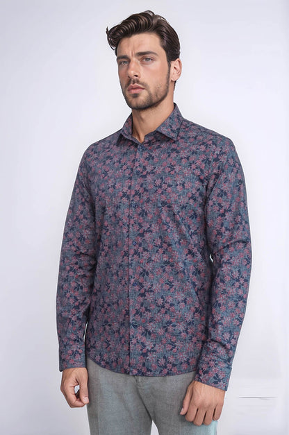 Bloom Patterned Slim Fit Navy Blue Men Shirt - Wessi