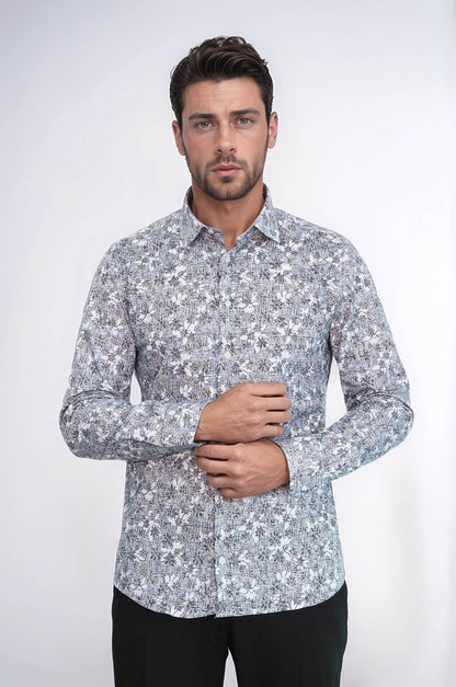 Bloom Patterned Grey Slim Fit Shirt - Wessi
