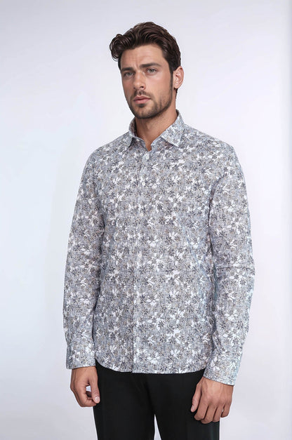 Bloom Patterned Grey Slim Fit Shirt - Wessi