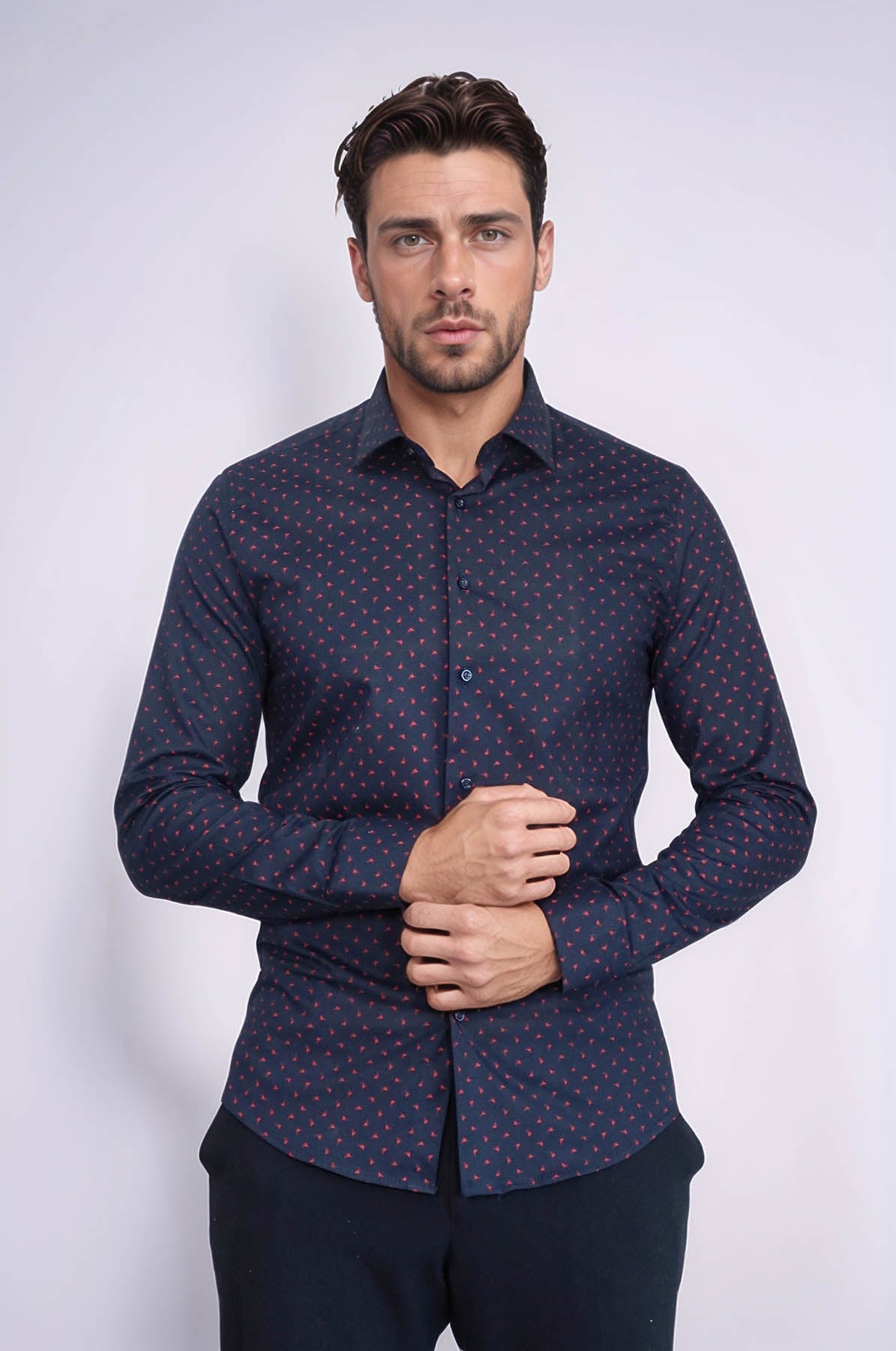 Men’s Navy Shirt with Minimal Red Pattern – Wessi
