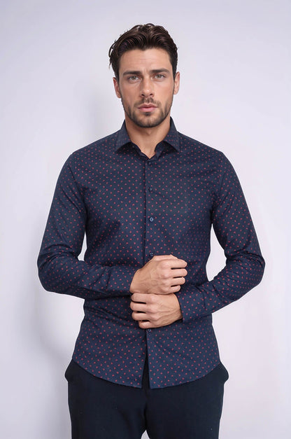 Men’s Navy Shirt with Minimal Red Pattern – Wessi