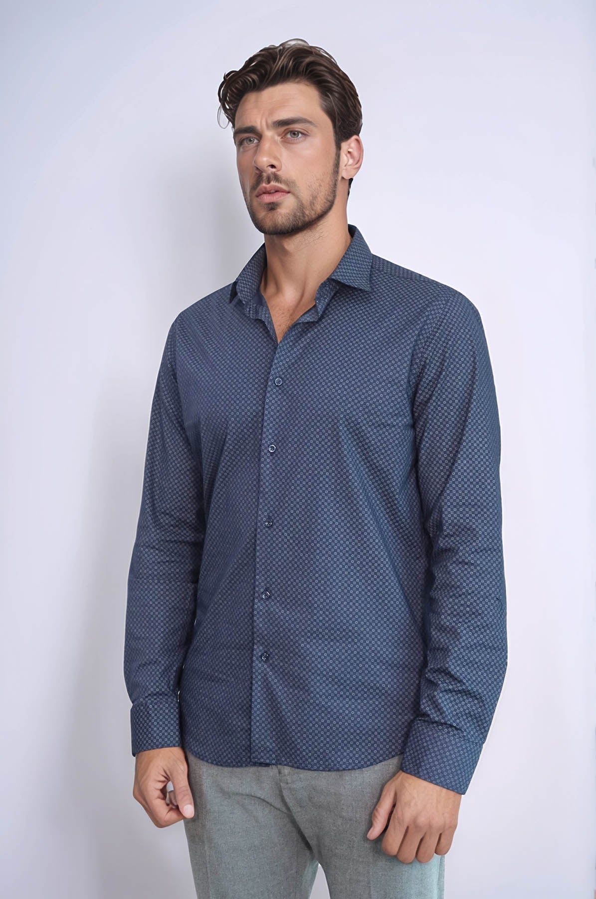 Dark Blue Tiny Check Patterned Slim Fit Shirt - Wessi