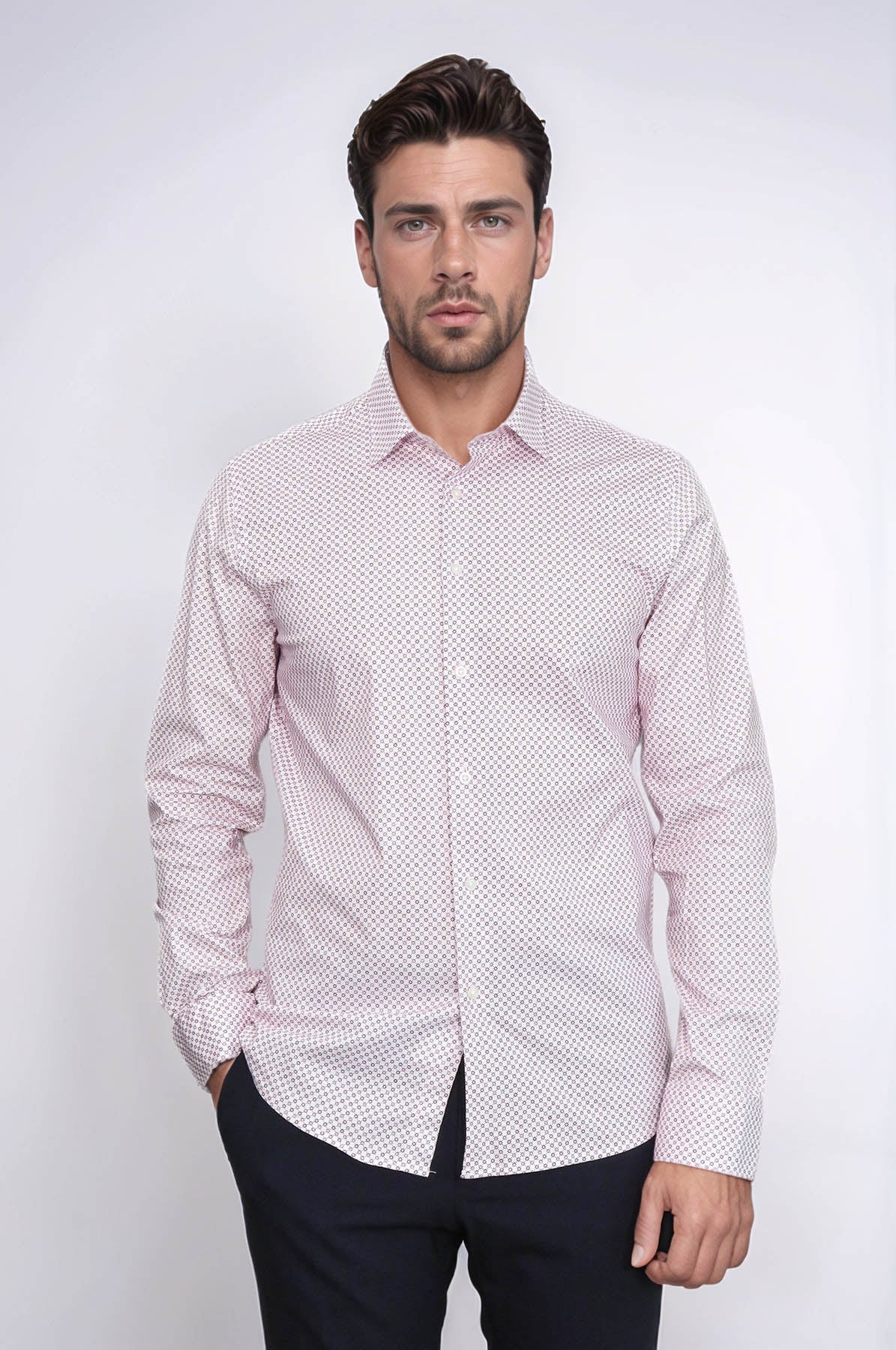 Claret Red Tiny Check Patterned Slim Fit Men Shirt - Wessi