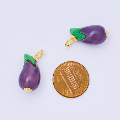 14K Gold Filled 25mm Eggplant Vegetable Nature Enamel 3D Multidimensional Ceramic Drop Pendant | AF1304