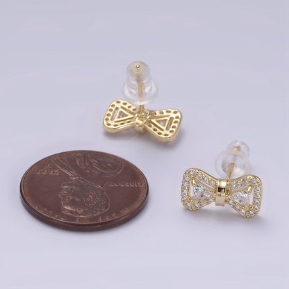 14K Gold Filled Bow Ribbon Micro Paved Stud Earrings in Gold &amp; Silver | V267