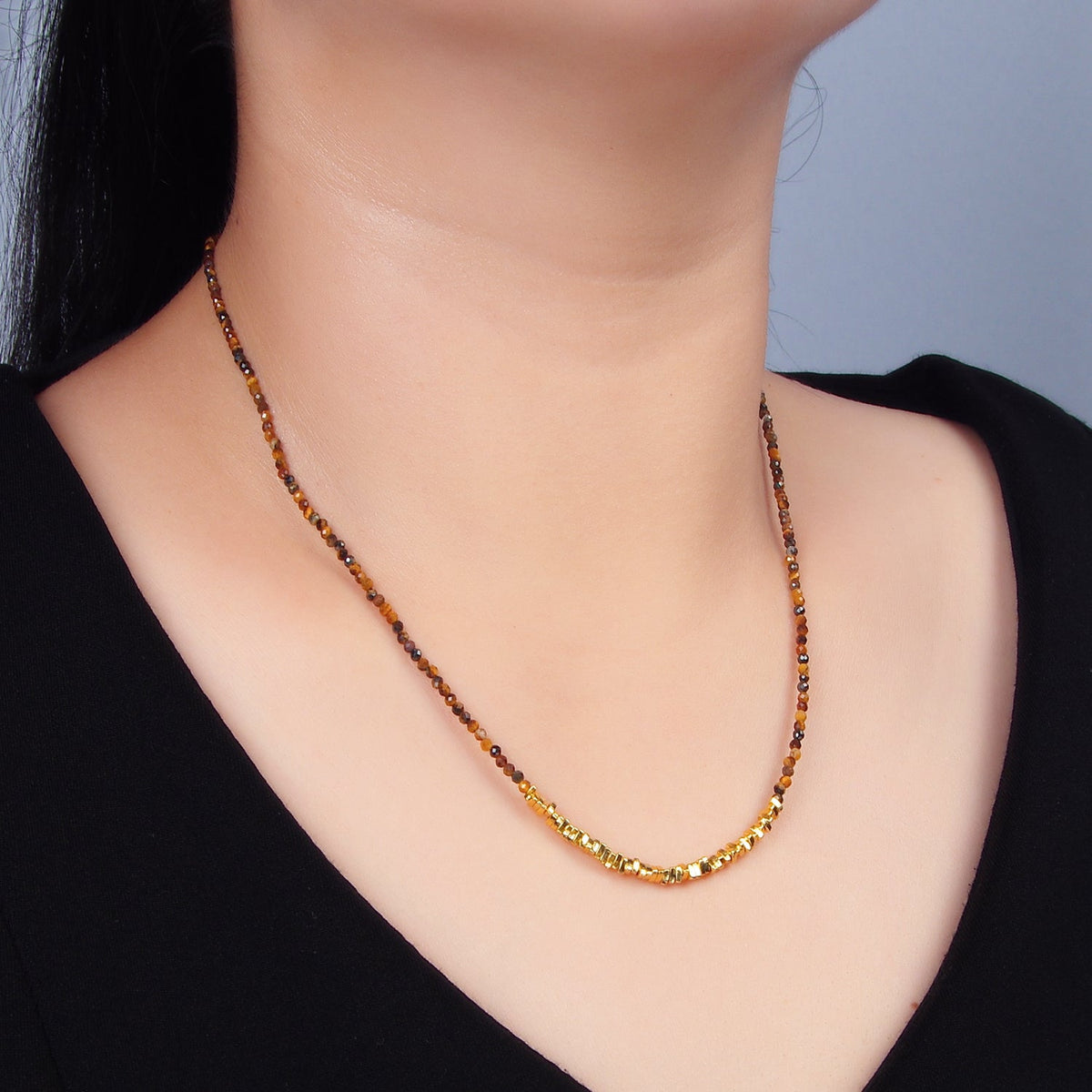 PVD Gold Plated Multifaceted Tiger Eye Gemstone Irregular Bead 16 Inch Necklace | WA-2648