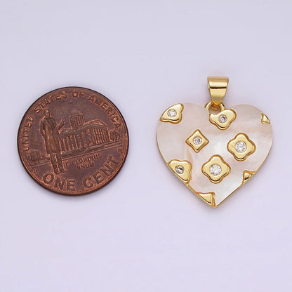 14K Gold Filled CZ Geometric Dotted Shell Pearl Heart Pendant | AH130