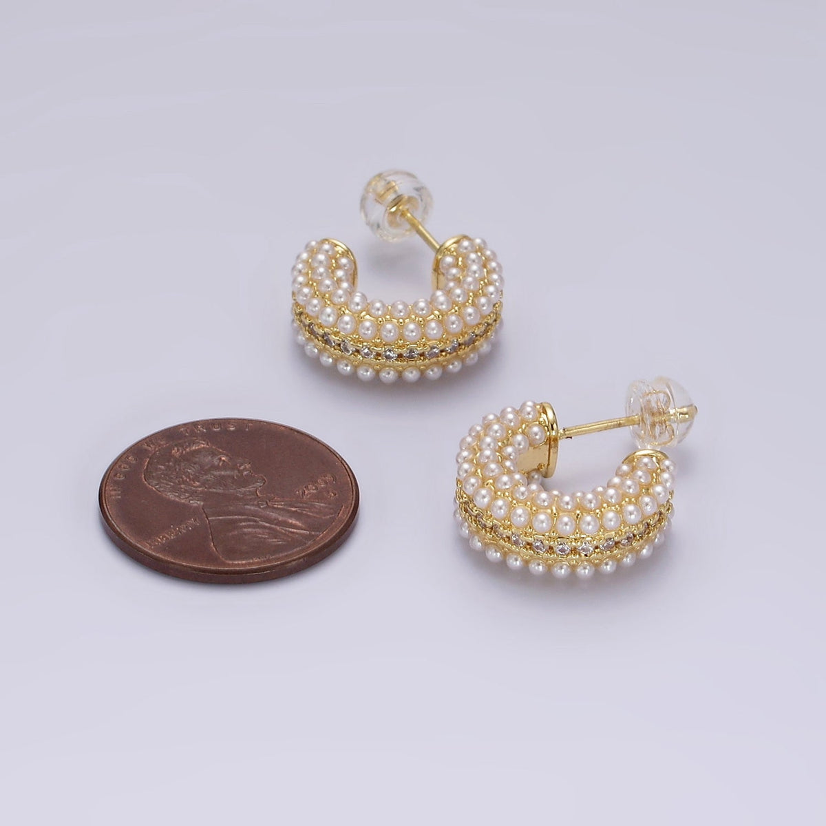 14K Gold Filled Multiple Pearl Micro Paved CZ 15mm C-Shaped Hoop Earrings in Gold &amp; Silver | V259