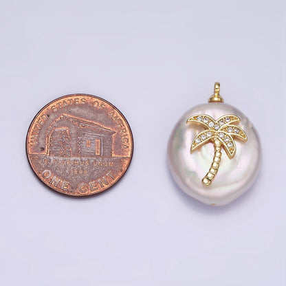 16K Gold Filled Palm Tree Micro Paved CZ Freshwater Pearl Charm | AC1331 P1561