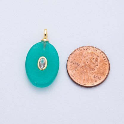 18K Gold Filled 27mm CZ Embedded Citrine, Turquoise Oval Gemstone Pendant | AK207