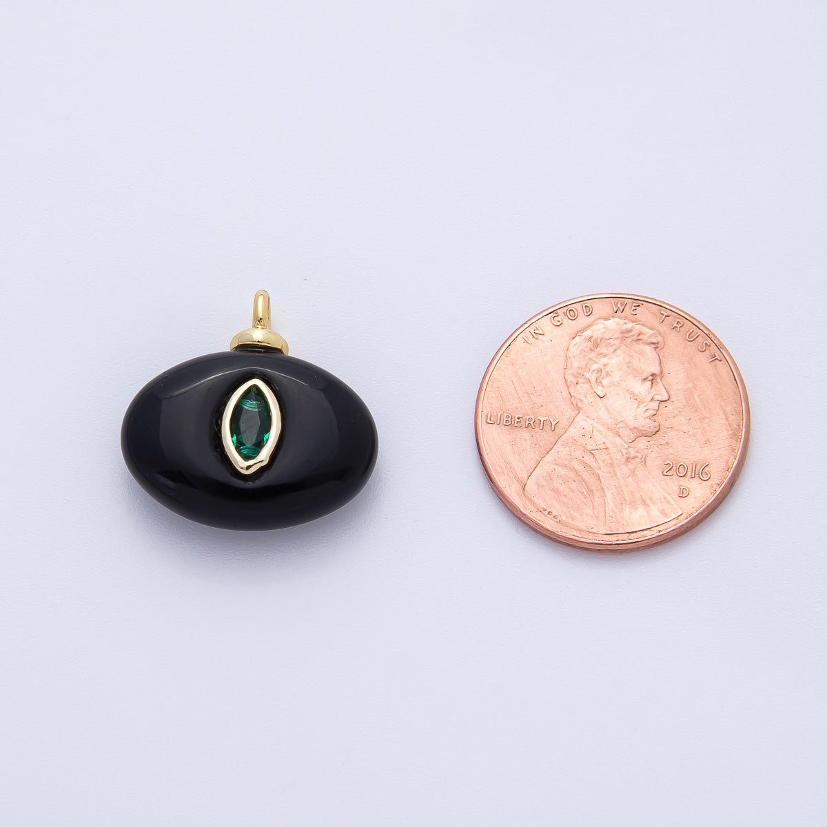 18K Gold Filled 18mm Green CZ Marquise Embedded Black Onyx Oval Gemstone Charm | AF1389