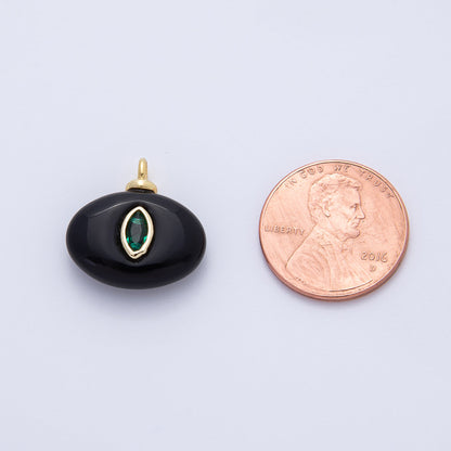 18K Gold Filled 18mm Green CZ Marquise Embedded Black Onyx Oval Gemstone Charm | AF1389