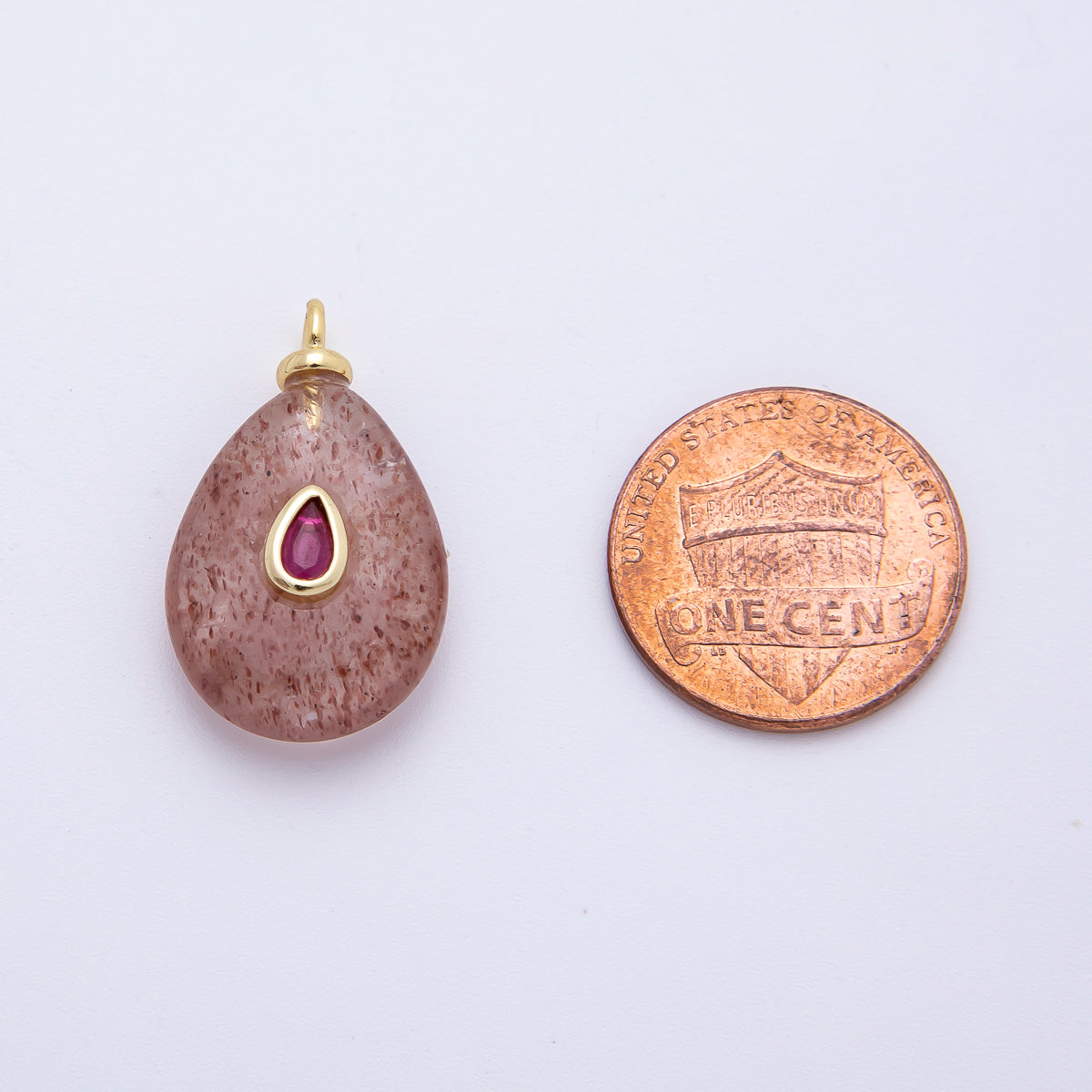 18K Gold Filled 25mm Fuchsia CZ Teardrop Embedded Pink Quartz Gemstone  Charm | AF1324