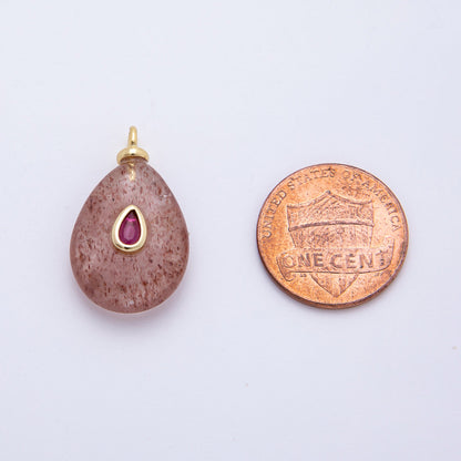 18K Gold Filled 25mm Fuchsia CZ Teardrop Embedded Pink Quartz Gemstone  Charm | AF1324