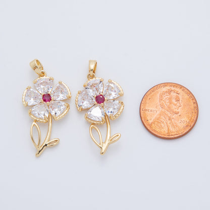 18K Gold Filled Pink, Clear CZ Flower Plant Pendant | AH778