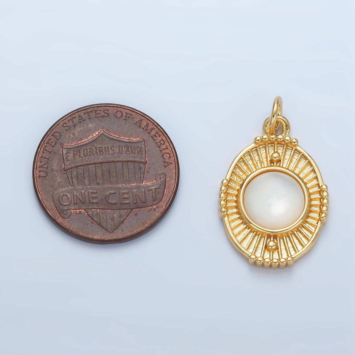 24K Gold Filled Shell Pearl, Carnelian Beaded Sunburst Oval Charm | X594