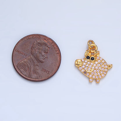 24K Gold Filled Pink Micro Paved CZ Smiley Pig Farm Animal Charm | X619