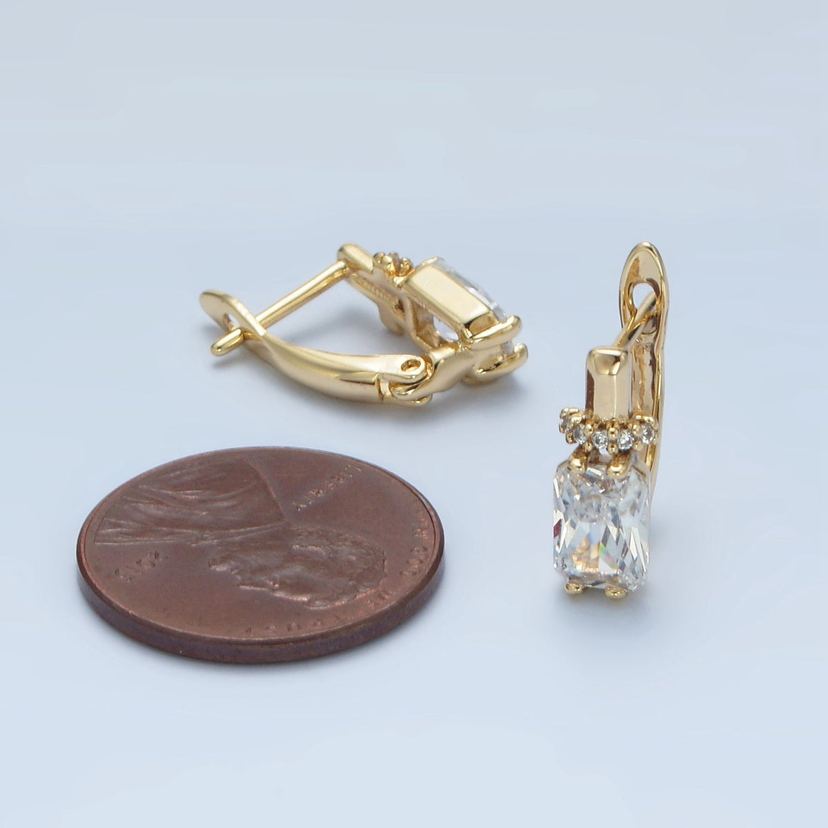 14K Gold Filled Baguette CZ Micro Paved English Lock Hoop Earrings in Gold &amp; Silver | AB1243 AB1244
