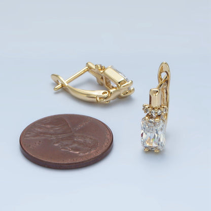 14K Gold Filled Baguette CZ Micro Paved English Lock Hoop Earrings in Gold &amp; Silver | AB1243 AB1244