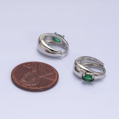 16K Gold Filled Emerald Green Oval CZ Dome 13mm Huggie Earrings in Silver &amp; Gold | AB1501 AD1016