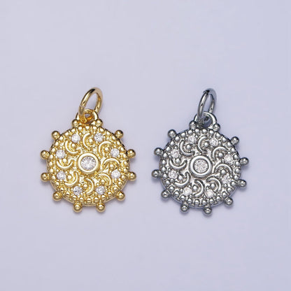 Gold, Silver Clear CZ Celestial Crescent Moon Textured Dotted Outline Round Charm | AC973 AC1009