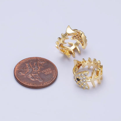 Gold, Silver Black-Eyed Ocean Fish Bone Micro Paved CZ 13mm Huggie Earrings | AB457 AB461