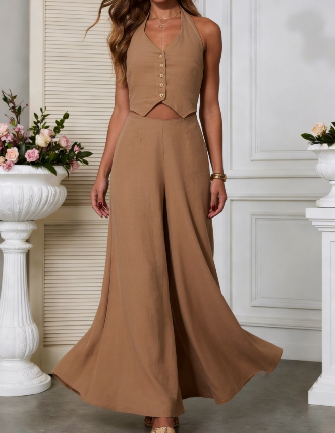 Linen Vest Wide-Leg Jumpsuit