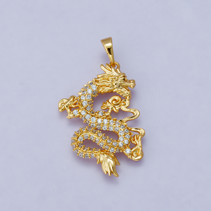 24K Gold Filled 28mm Micro Paved CZ Oriental Dragon Lucky Pendant | H00627