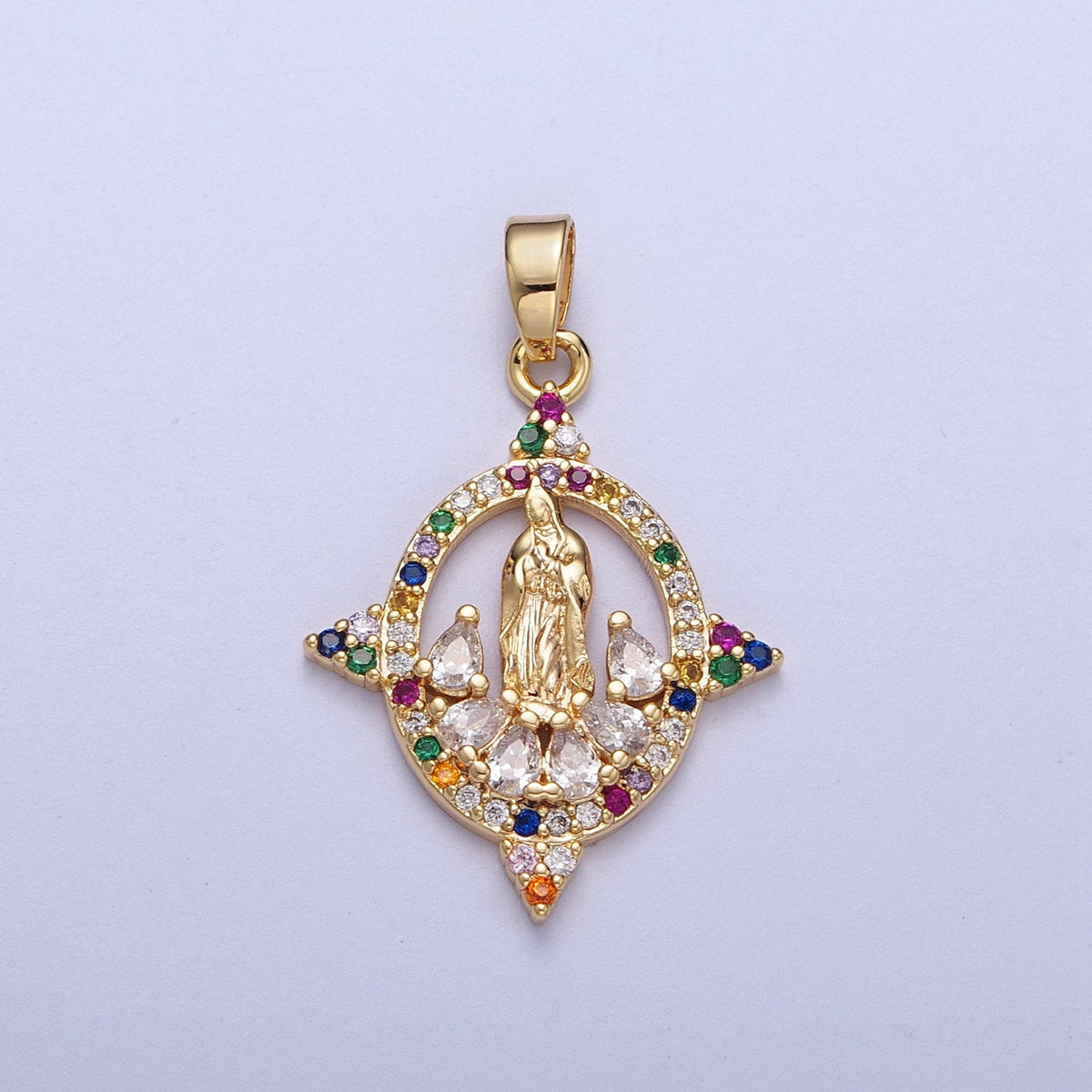 Micro Paved CZ Open Oval Geometric Mother Mary Religious Pendant | H001