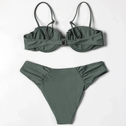 ZTVitality Solid Swimwear Women 2025 Newest Push Up Sexy Bikini Padded Bra Underwire Mid Waist Folds Swimsuit Brazilian Biquini