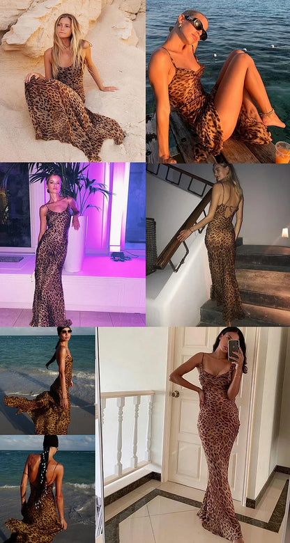 Leopard Print V-Neck Sexy Bodycon Long Dress Women Lace Up Backless Beach Vestidos