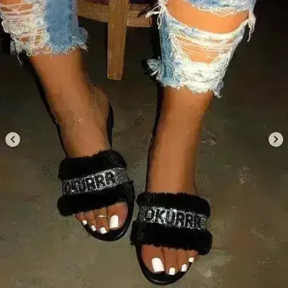 Black Faux Fur Slides