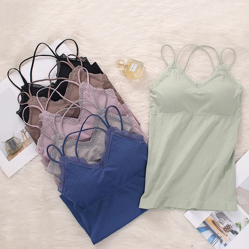 Women Vertical Rib Long Camisole With Crisscross Thin Straps Romantic Lace Trim V Neck Built-In Chest Pads Daily Inner Sling Top