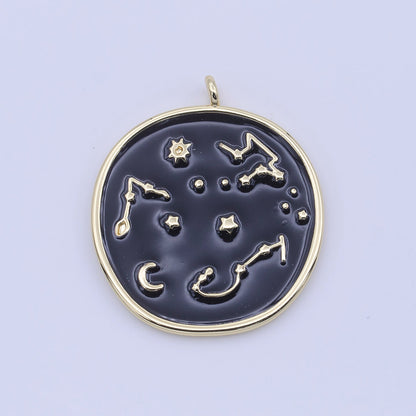 14K Gold Filled 30mm White, Black Enamel Constellation Star Celestial Round Charm | H274 H277