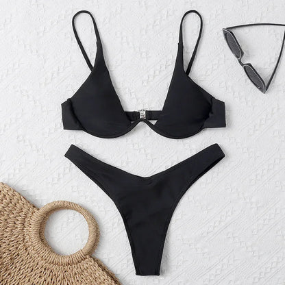 Sexy Underwire Bikini 2026 Mujer Women Solid Red Push Up Bra Thong Swimsuit Haler V Neck Bathing Suit Mini Micro Thong Swimwear