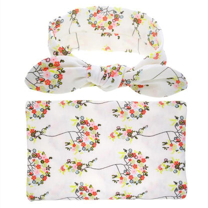 Elegant Colorful Baby Swaddle Wrap Newborn Infant Receiving Blanket Headwear Flower Print Towels With Bow