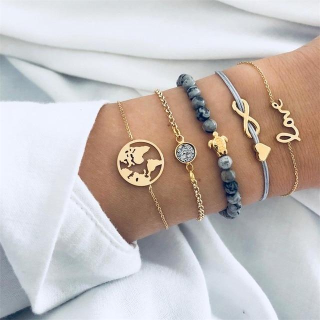 Boho Rose Map Bracelets &amp; Bangles for Women Bohemian Round  Charm Bracelet Set Fashion Multilayer Accessories Luxury Jewelry