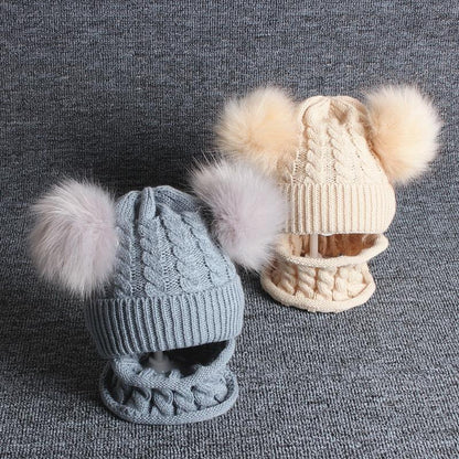 Cute Baby Hat &amp; Scarf Set Pompom Infant Baby Girl Winter Hat For Kids Warm Knitted for Girls