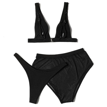 ZTVitality Black Ribbed Three Pieces Bikini 2025 New Padded High Cut Mesh Swimsuit Female Swimwear Women Beach Brazilian Biquini