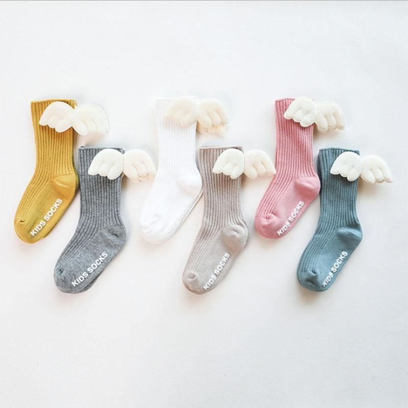 Luxury Modern Socks Baby Girls Knee High Socks With Angel wing  Summer Autumn Cotton Socks Solid Candy Color Toddler For Kids