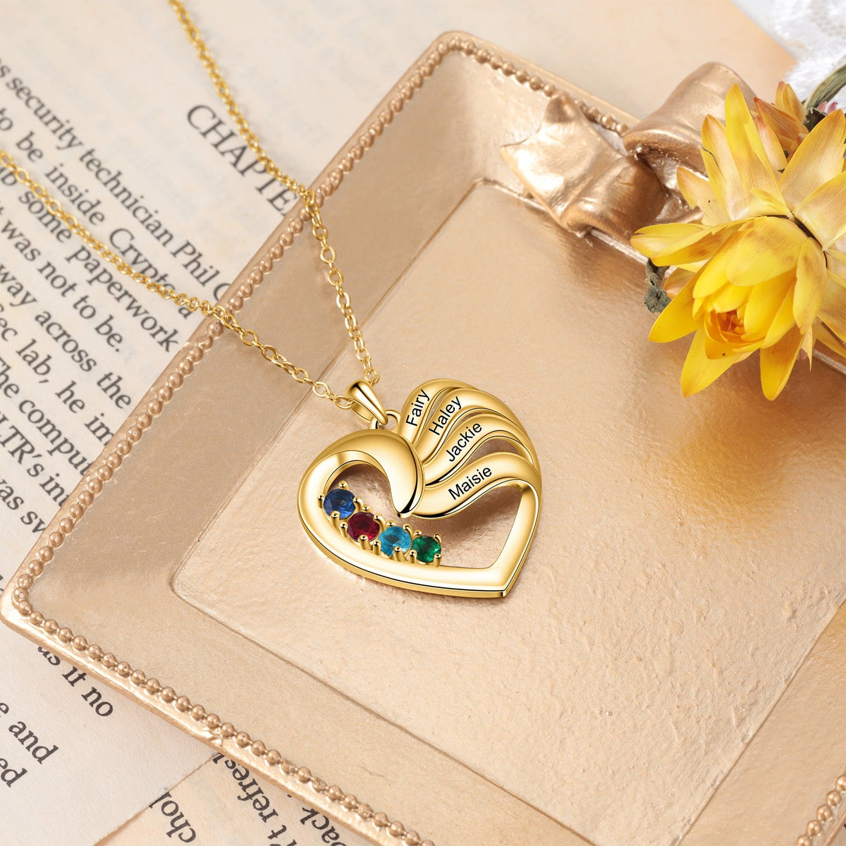 2-5 Names Customized Birthstone Fashion Memorial Heart Necklace