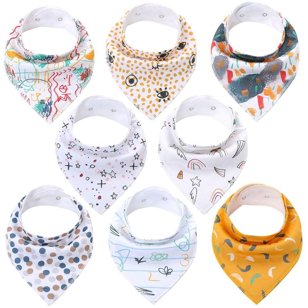 8PCS/SET Comfortable Colorful 100% Organic Cotton Adjustable Snaps Bandana Saliva Bibs For Baby Boys &amp; Girls Kids